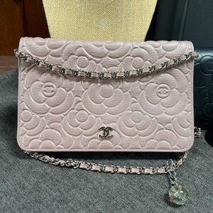 Light pink Camellia Chanel WOC purse, silver accent/chain